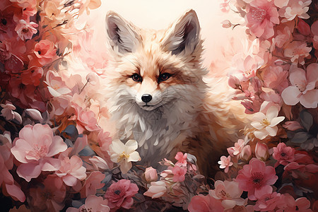 花朵框架中的狐狸艺术品背景图片