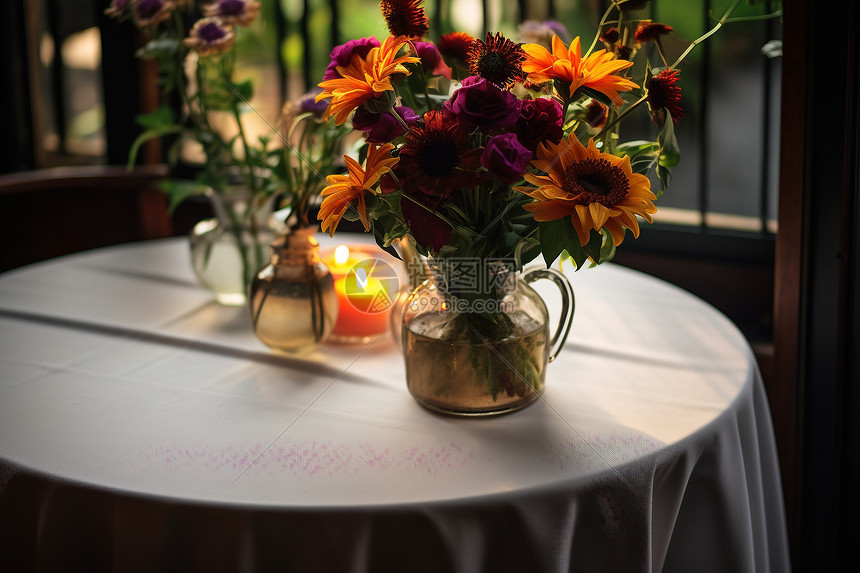 桌子上新鲜鲜艳的花束图片