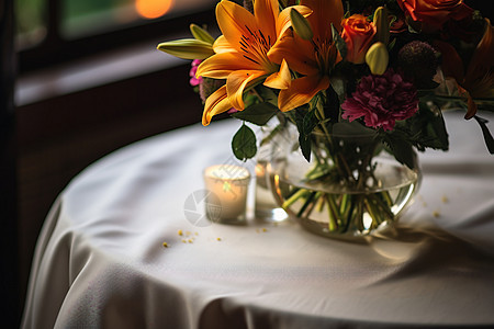 桌子上鲜艳的花束图片