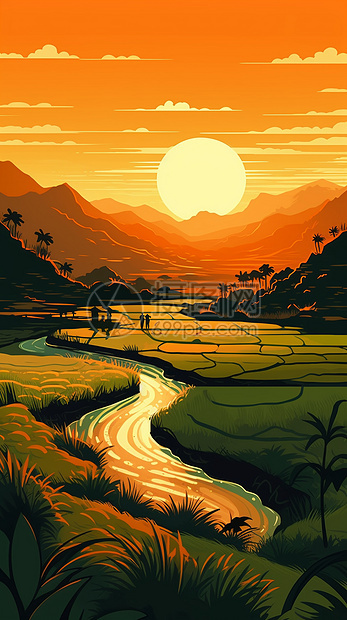 夕阳下美丽的稻田图片