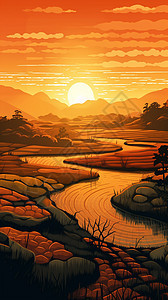 夕阳下的金色稻田图片