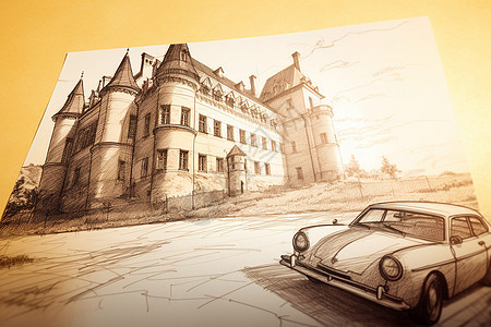 古堡前停放的汽车图片