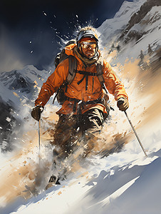 男子手持滑雪杖从山坡滑下图片