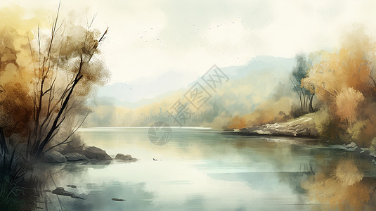 宁静的湖光山色油画图片