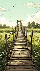 湿地栈道宁静水稻田上的木制拱桥插画