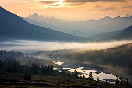 阳光下的山川与河流图片