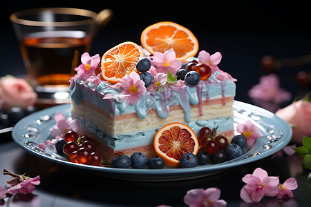 盘子里的水果蛋糕图片