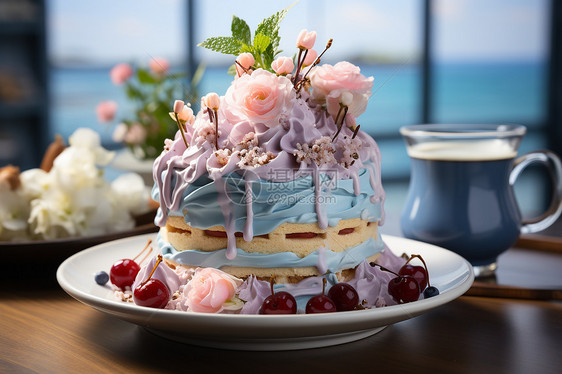 桌子上的鲜花糖霜蛋糕图片