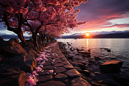 夏日湖畔的樱花图片