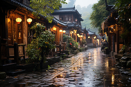 夜雨的街道与灯光图片