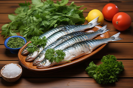海鲜盘中的白鱼与蔬菜图片
