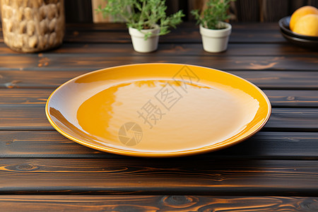 木制餐桌上的黄色盘子图片