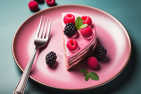 粉色盘子上的覆盆子和黑莓蛋糕图片