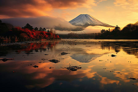 湖泊前的富士山图片
