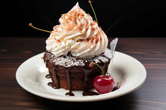 盘子中的巧克力蛋糕与樱桃图片