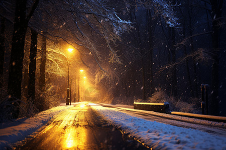 夜晚街灯下的道路图片
