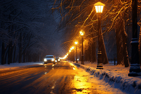 寒夜中的城市街灯图片