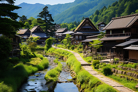 深山里小溪山里的日本古村落背景