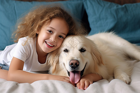 金毛寻回犬靠着狗狗的小女孩背景