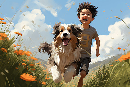 草地上奔跑的小孩和狗图片
