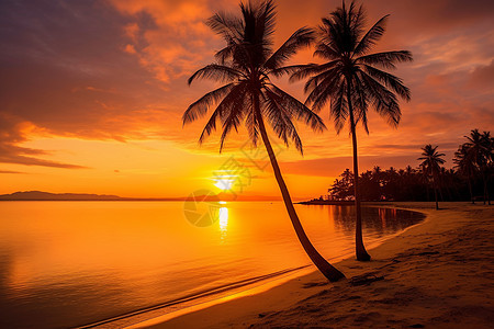 夕阳下的两株棕榈树图片