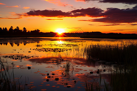 夕阳下的湖泊图片