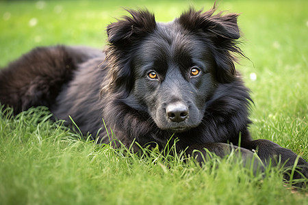 草地上的忧郁黑狗背景图片