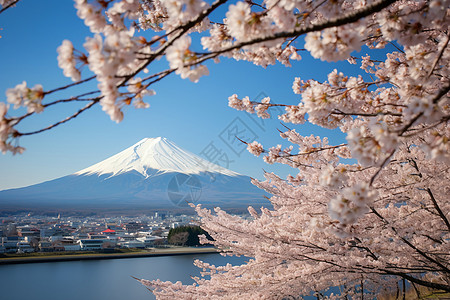 樱花下的富士山景观图片