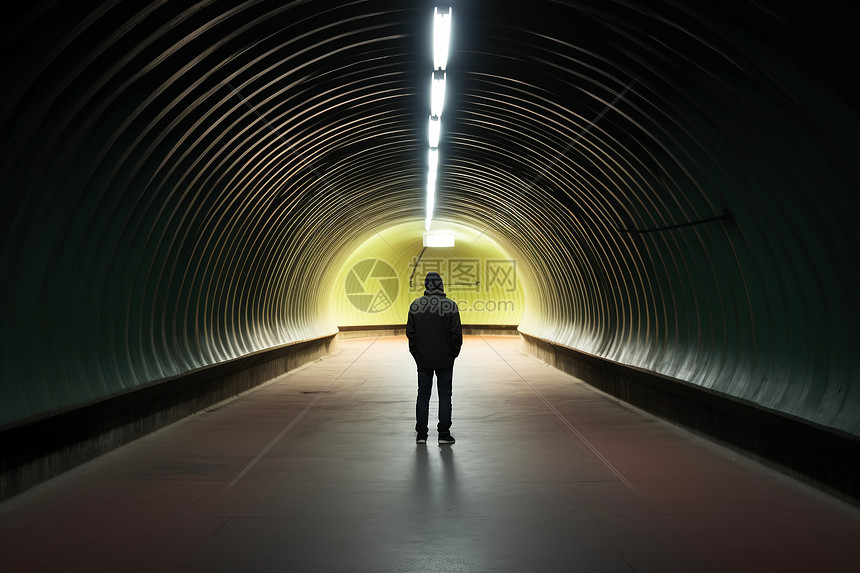 隧道中走向希望的男子图片