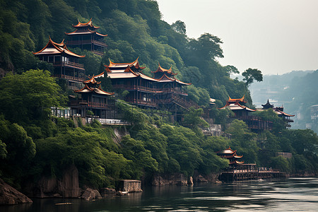 美丽的古建筑夏季美丽的山川河流景观背景