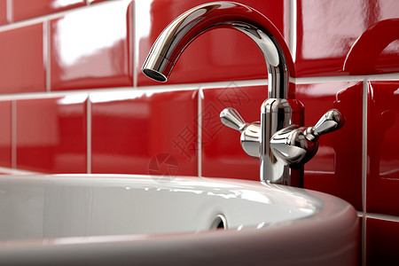 红色瓷砖墙上的洗手池背景图片