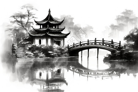中国传统园林建筑水墨画背景图片