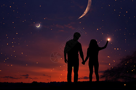 夜晚星空下牵手的情侣图片
