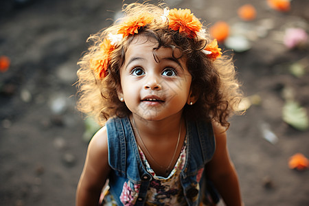 微笑仰望天空的小女孩背景图片