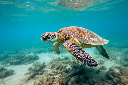清澈海底中游泳的海龟图片