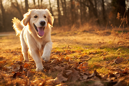 秋日里欢快奔跑的金毛犬图片