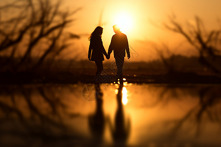 夕阳下牵手漫步的情侣高清图片