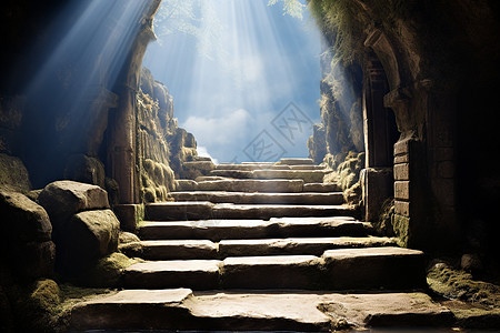 阳光照耀的岩石楼梯图片