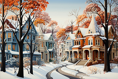 房子树木街道上的大雪图片
