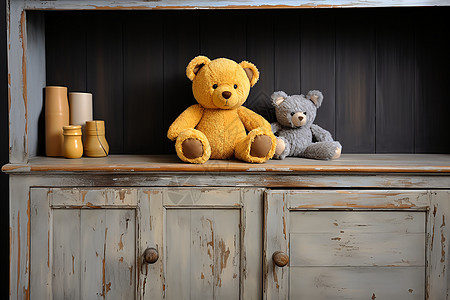 木质柜子上的玩具熊图片