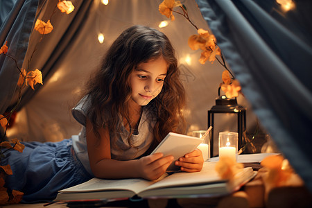 小女孩在帐篷里读书图片