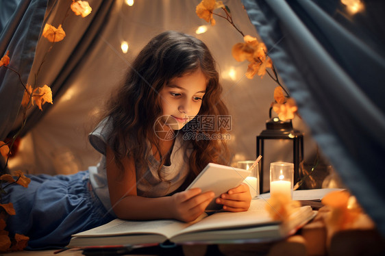 小女孩在帐篷里读书图片