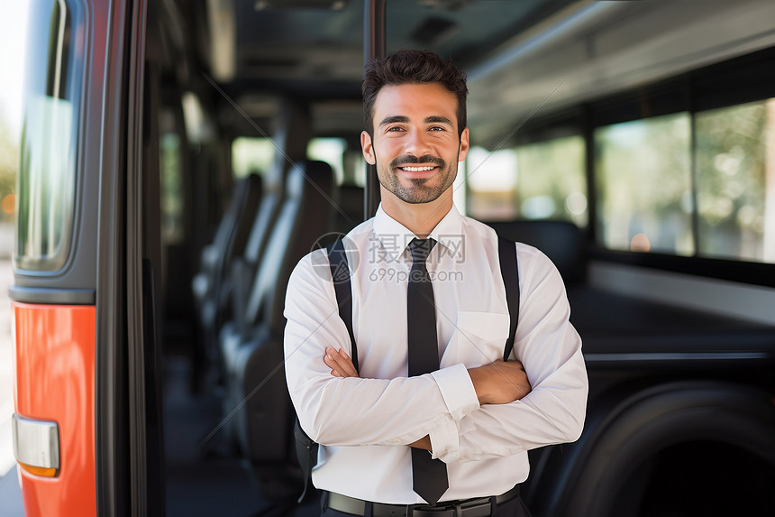 公交车旅行者期待的笑容图片