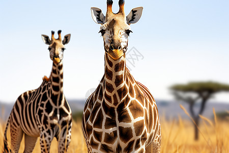 两只长颈鹿在高草地上站立高清图片