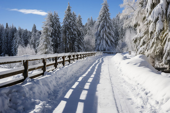 冰雪覆盖的树篱路图片