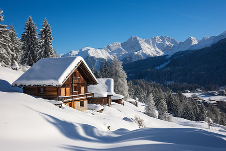 木屋屋顶素材冰雪覆盖的山脉背景