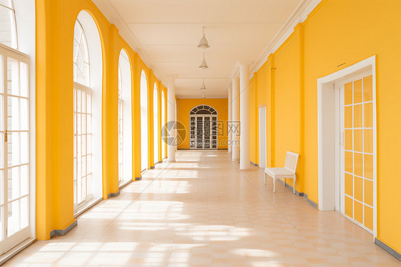 黄色长廊上的一扇门图片