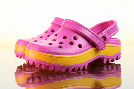 洞洞鞋反光地面上一双粉色鞋子的倒影背景