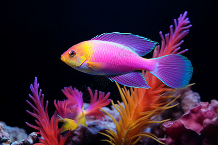 珊瑚色海底花园的霓虹色鱼背景