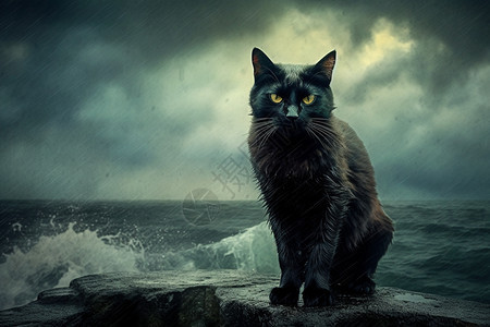 海边孤独的黑猫图片